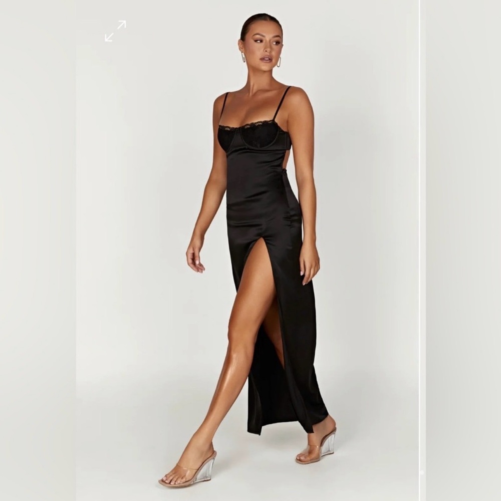Meshki Black Satin Dress with Slit
